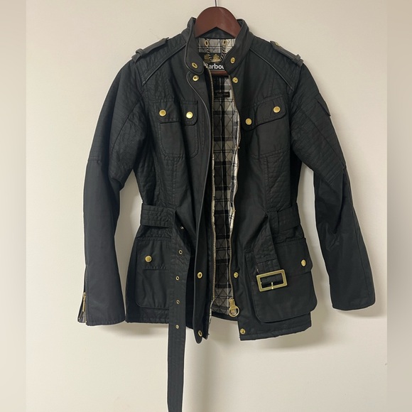 Authentic Barbour Belted Waxed Jacket - Black - Leather Trim Sz US 8 UK 12 - Picture 6 of 14